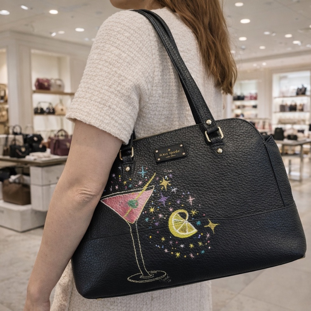 Kate Spade Wellesley Alessa Black Pebbled Leather Satchel – Hand Painted 1 of 1 - Picture 7 of 16